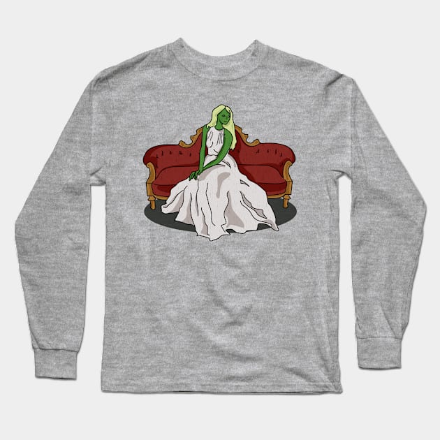 Extraterrestrial Elegance: Alien on a Victorian Couch Long Sleeve T-Shirt by Fun Funky Designs